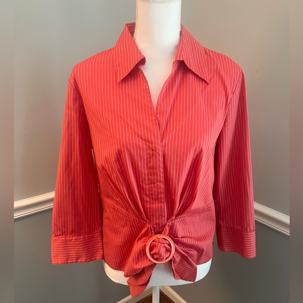 Lafayette 148 New York Coral-Red Pinstripe Button-Front Shirt with Tie